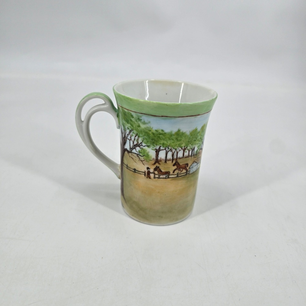 Vintage 1987 Hand Painted Equestrian Horse Farm Scene Fine China Mug Folk Art